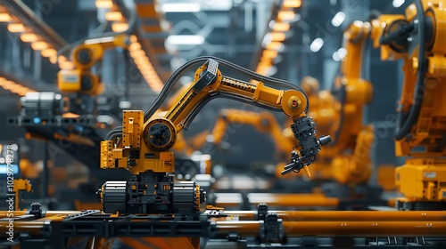 Industrial robot arms working on assembly line in factory