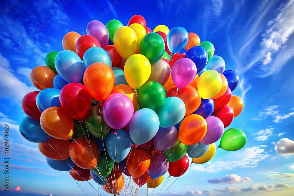 Colorful Balloons Floating Against a Bright Blue Sky - Celebration and Joy Colorful Balloons Floating Against a Bright Blue Sky - Celebration and Joy
