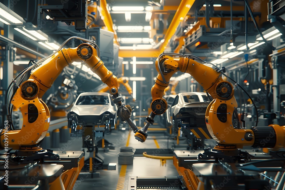 Fototapeta premium Industrial robot arms working on assembly line in factory