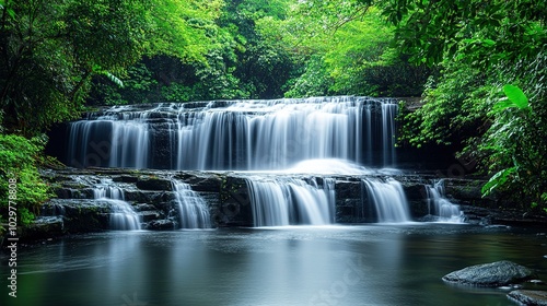 Serene Waterfall in Lush Green Forest Environment