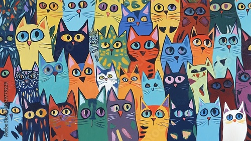 A whimsical and quirky illustration featuring many colorful cats in various playful poses. The kitties are drawn in a lively, vibrant style, each with unique patterns, colors, and expressions,