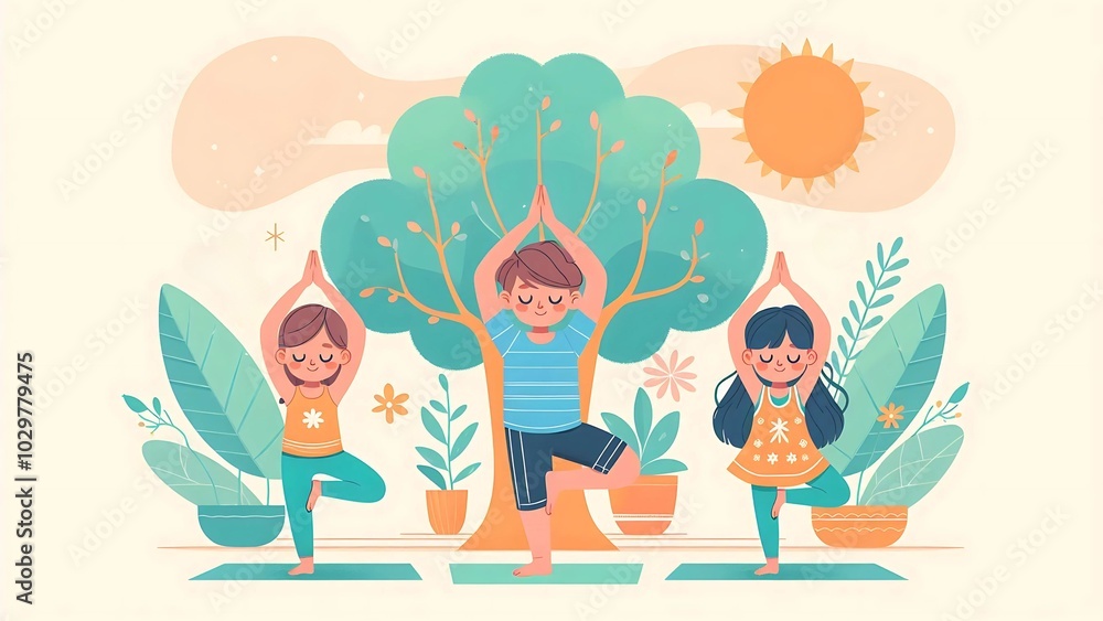 Kids Doing Yoga Poses in a Sunny Garden, yoga vector illustration Kids Doing Yoga Poses in a Sunny Garden, yoga vector illustration