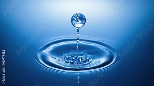 World Environment Day concept featuring the Earth encapsulated in a single water droplet on a blue background, symbolizing environmental protection and global water conservation. 