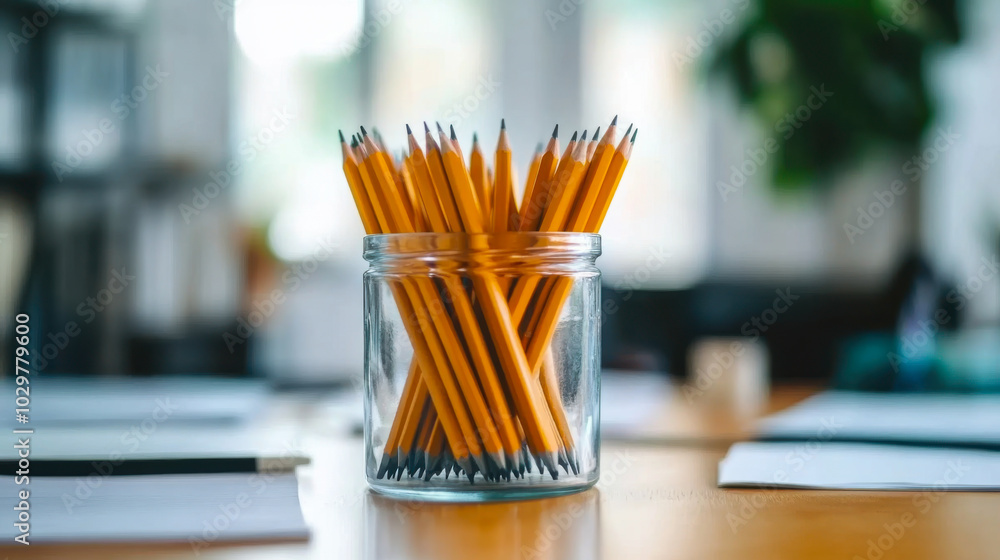 collection of sharpened pencils in a clear jar on a desk