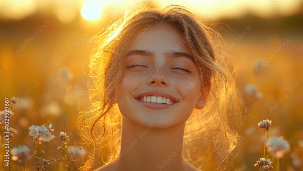 Smiling Woman in a Field of Flowers Smiling Woman in a Field of Flowers