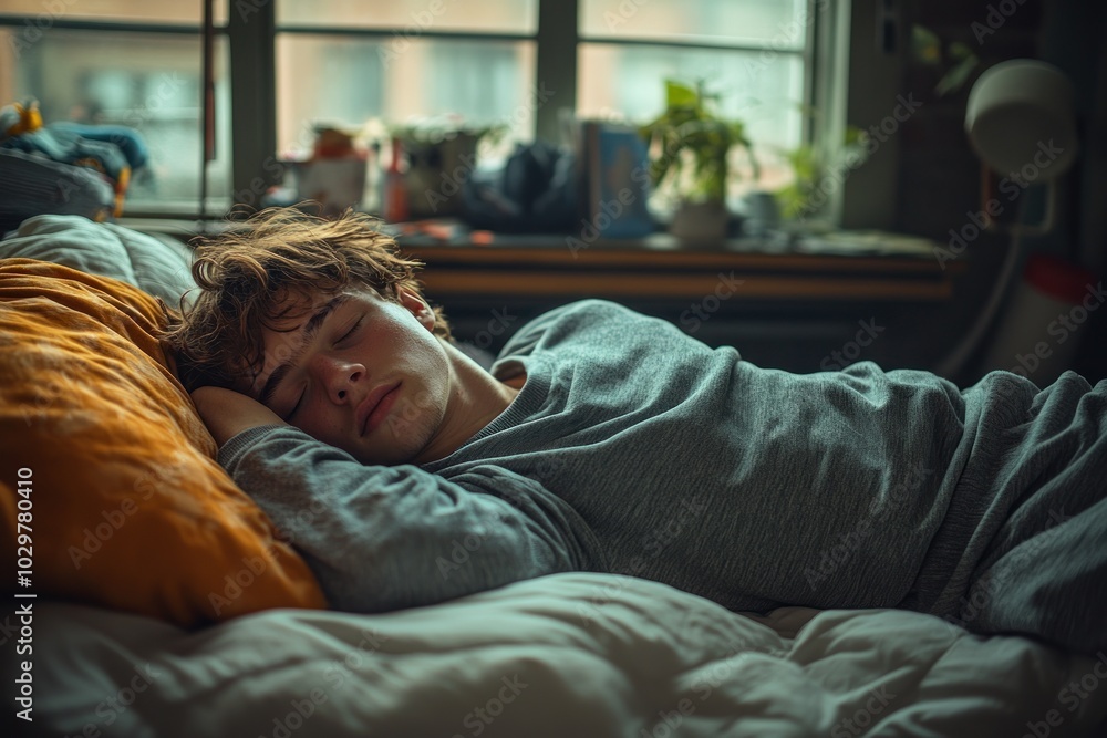 Sleeping Man In Bed With Window In Background Sleeping Man In Bed With Window In Background