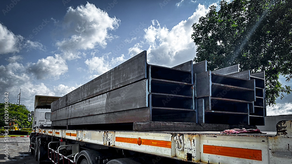 Metal profile beam in packs at the warehouse of metal products.Steel I-beam,Flange beam in warehouse,steel beams placed outside on a steel rack,steelwork,Structural steel Metal profile beam in packs at the warehouse of metal products.Steel I-beam,Flange beam in warehouse,steel beams placed outside on a steel rack,steelwork,Structural steel