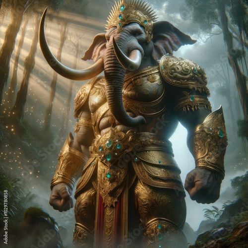 Majestic Elephant Warrior: A Hyper-Realistic Depiction of a Powerful Mythological Figure in Intricate Golden Armor, Standing Commandingly in a Mystical Jungle, Embodying Strength, Nobility, photo