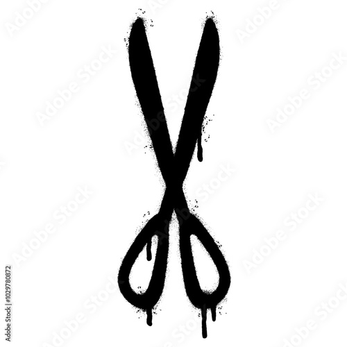 graffiti scissors icon with over spray in black over white.