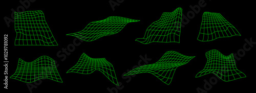 Green neon distorted grid set. Rippled wireframe collection. Glitch wavy rectangle plane bundle. Geometric futuristic elements for poster, flyer, collage, template. Vector abstract mash surface