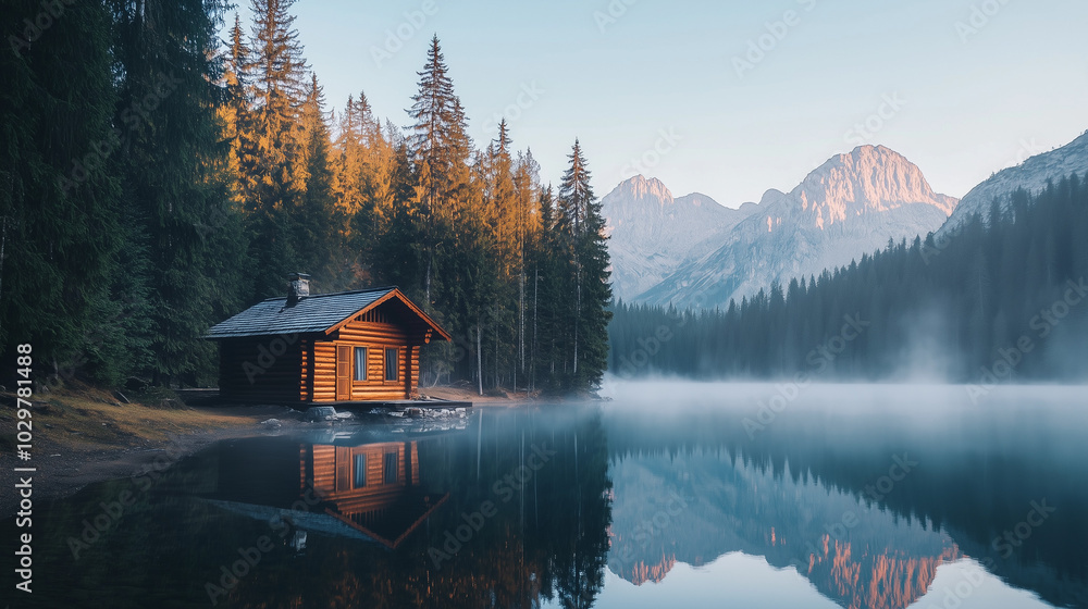 Fototapeta premium A small wooden cabin by the edge of a still lake, surrounded by towering pine trees and mist rising from the water. v3