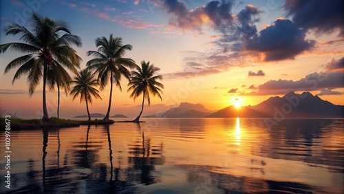 tropical sunset scene with palm trees, calm ocean, mountainous backdrop wallpaper