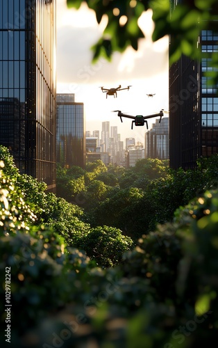 A futuristic glassandsteel tech park with drones delivering packages, selfdriving cars, and hightech corporate infrastructure photo