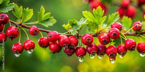 A branch laden with vibrant red berries, each glistening with a dewdrop, is a testament to the natural beauty found in the simplest of things. photo