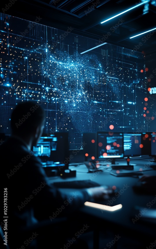 A futuristic office space filled with holographic screens, AIdriven tools, and employees collaborating in real time using advanced digital technologies A futuristic office space filled with holographic screens, AIdriven tools, and employees collaborating in real time using advanced digital technologies