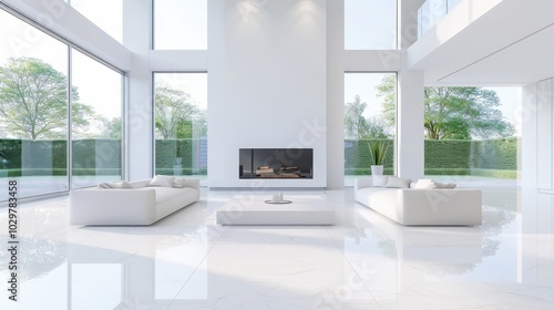 A large white living room with a fireplace and two white couches. The room is very spacious and has a modern feel