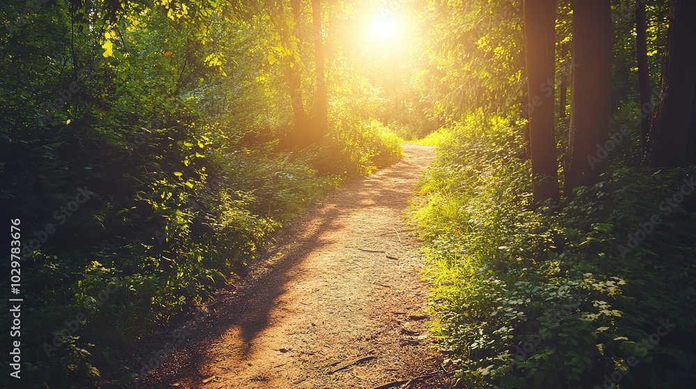 Obraz premium Serene Sunlit Path Through Lush Forest