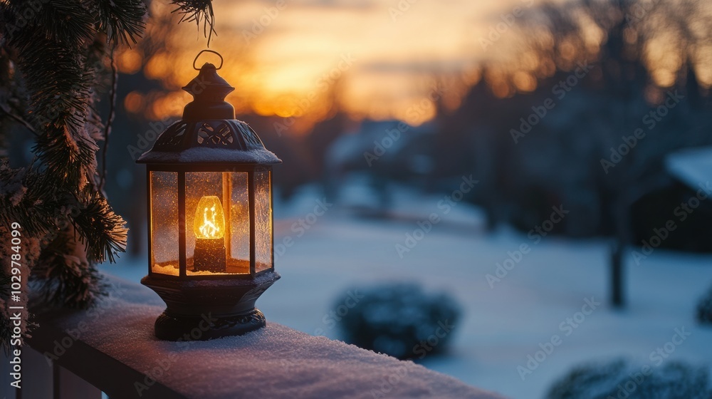 Glowing Christmas lantern hanging on a snowy front porch, overlooking a peaceful winter landscape Glowing Christmas lantern hanging on a snowy front porch, overlooking a peaceful winter landscape