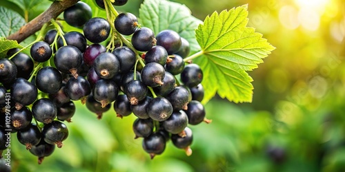 Ripe black currants on branch with shallow depth of field