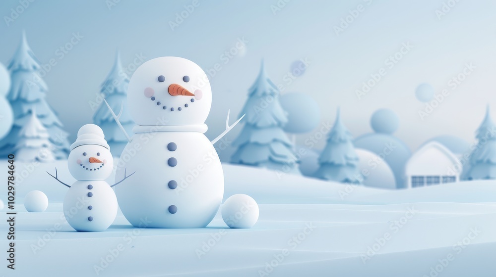 Two snowmen stand in a snowy field, one of which is holding a carrot. The scene is set in a winter landscape with trees in the background. Scene is cheerful and playful Two snowmen stand in a snowy field, one of which is holding a carrot. The scene is set in a winter landscape with trees in the background. Scene is cheerful and playful