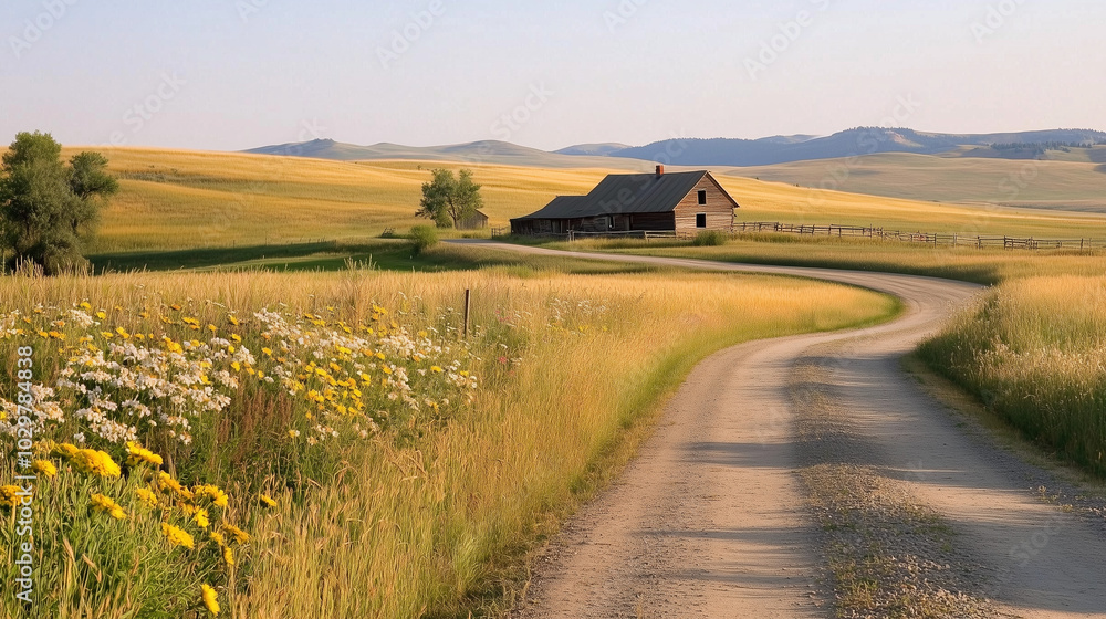 A picturesque rural scene featuring golden wheat fields swaying in the wind. A picturesque rural scene featuring golden wheat fields swaying in the wind.