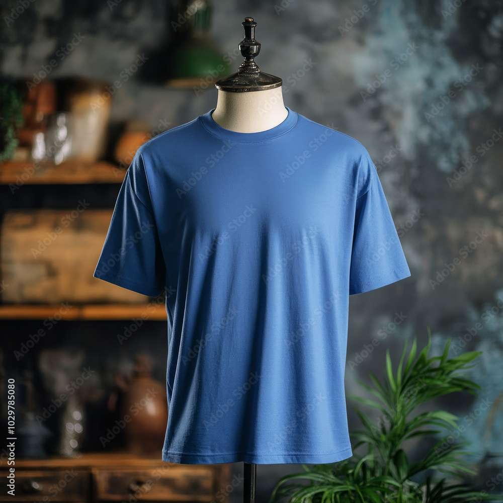 mockup mannequin wearing oversized blue plain t-shirt, industrial style studio background, Ai generated images mockup mannequin wearing oversized blue plain t-shirt, industrial style studio background, Ai generated images