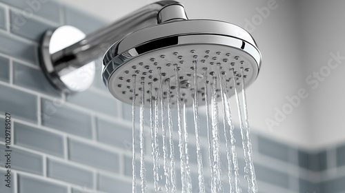 Modern shower head with a chrome finish, mounted in a minimalist bathroom