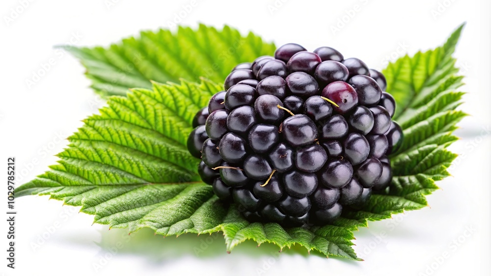 Ripe fresh blackberry isolated on white background with green leaves Ripe fresh blackberry isolated on white background with green leaves