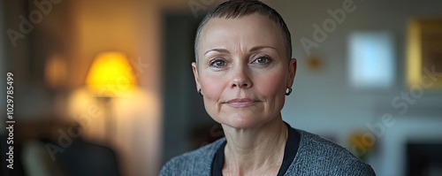 Portrait of a confident woman with short hair in a cozy living space.