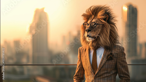 humanized lion wearing glasses and suit stands confidently against city skyline photo
