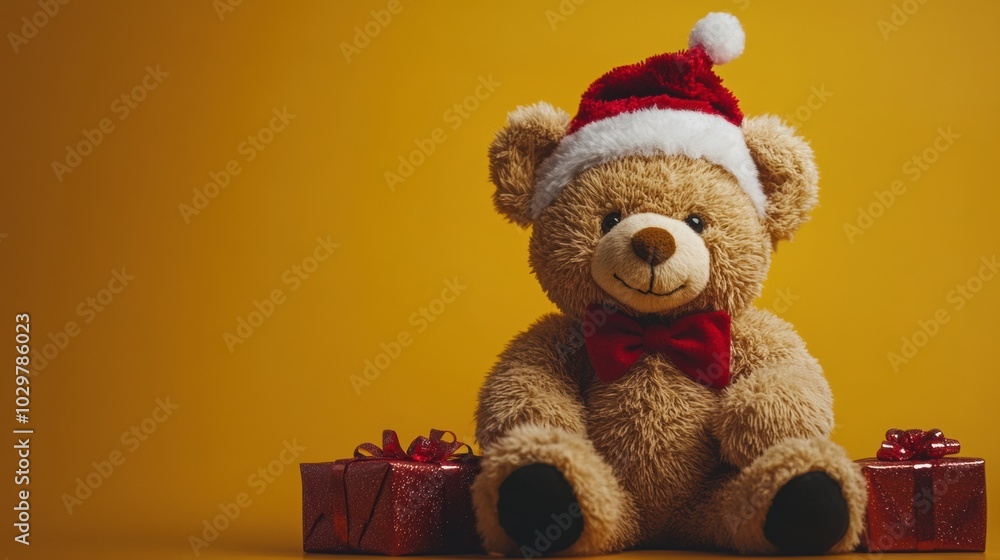 Cute teddy bear with christmas hat sitting near christmas gifts with copy space for text Cute teddy bear with christmas hat sitting near christmas gifts with copy space for text