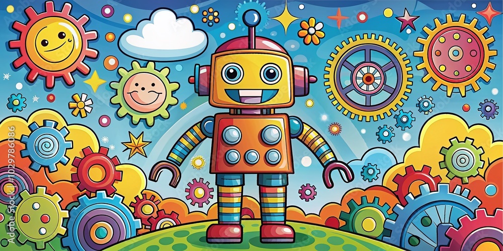 Fototapeta premium Colorful Robot Cartoon Vector Art with High Depth of Field for Playful Illustrations and Designs