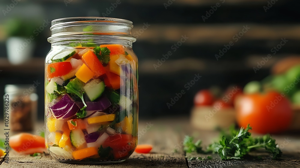 Fresh vegetable salad in glass jar on kitchen table. Fresh vegetable salad in glass jar on kitchen table.