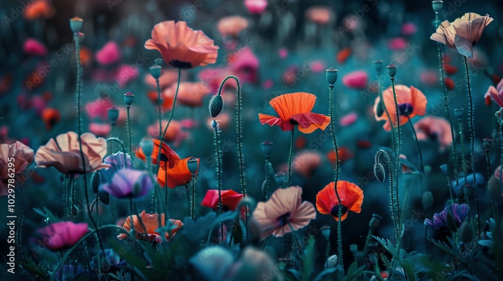 Obraz premium Nature's Canvas: A Picturesque Meadow Overflowing with Poppy Blossoms