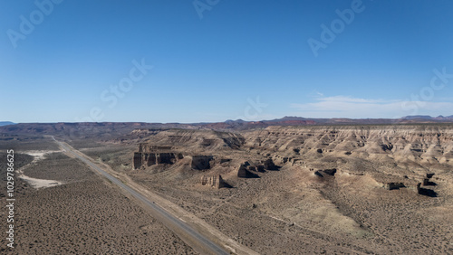 Aerial image of rock formations along Route 25 in Chubut province, Argentina. photo