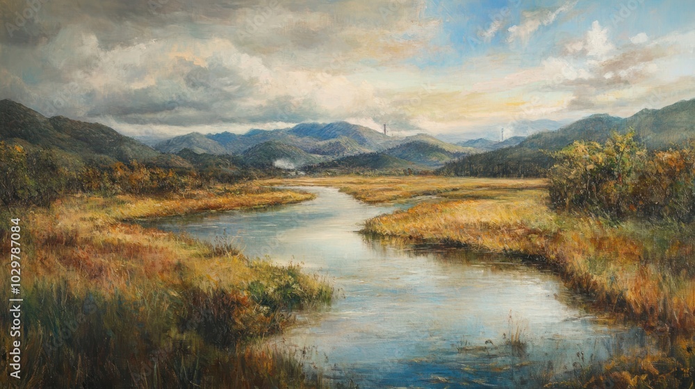 River winds through grassy field, mountains in the distance. River winds through grassy field, mountains in the distance.