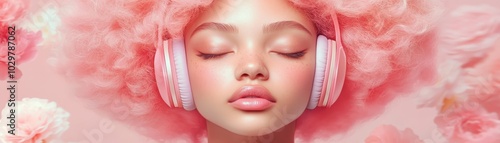 A woman with pink hair and pink headphones is wearing a pink face mask. The image is a creative and playful representation of a woman enjoying her music while wearing a mask