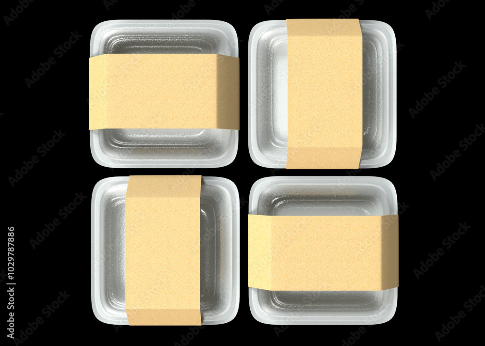 Square plastic disposable food container with transparent lid and empty white paper wrap top, side, and angle view. Realistic mockup of sushi delivery box, isolated meal lunch take away, 3d render Square plastic disposable food container with transparent lid and empty white paper wrap top, side, and angle view. Realistic mockup of sushi delivery box, isolated meal lunch take away, 3d render