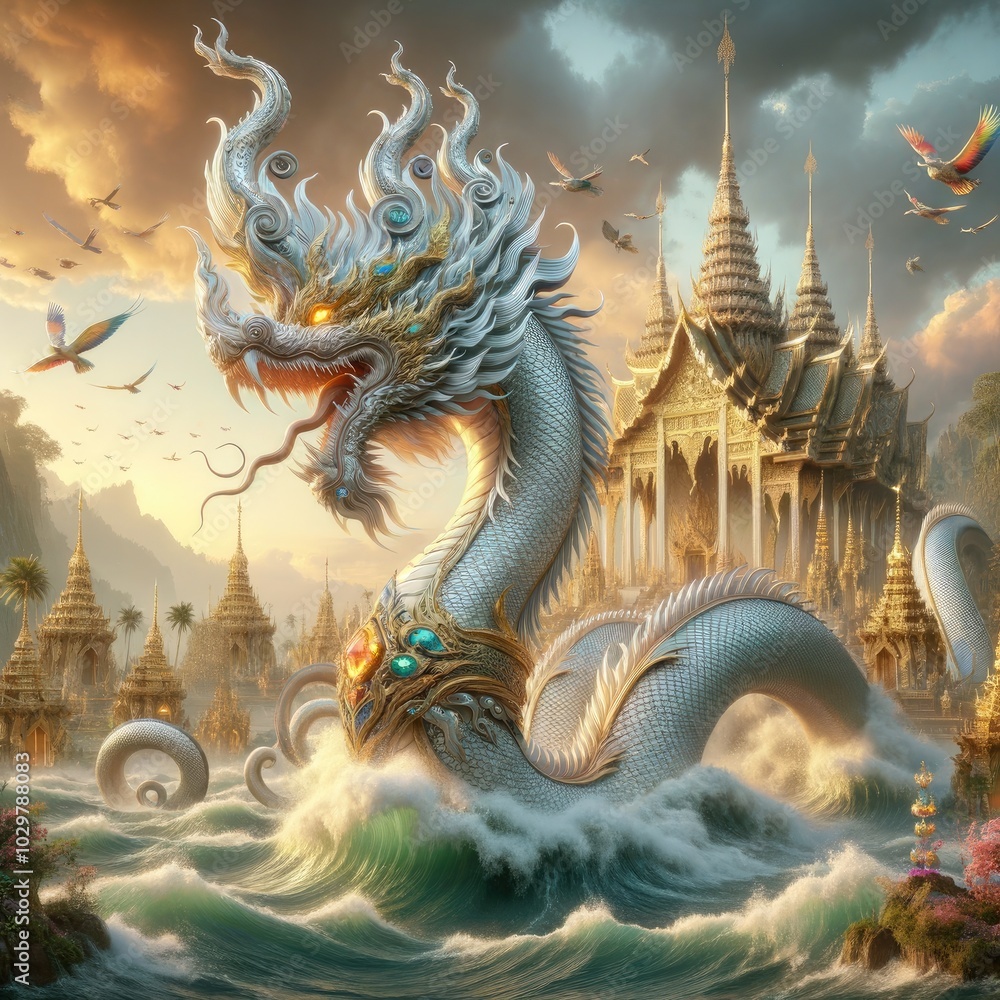 Majestic Naga and Golden Temple: A Hyper-Realistic Depiction of a Mythical Serpent Rising from Ocean Waves, Set Against a Stunning Backdrop of an Intricate Southeast Asian Temple, Embodying Power