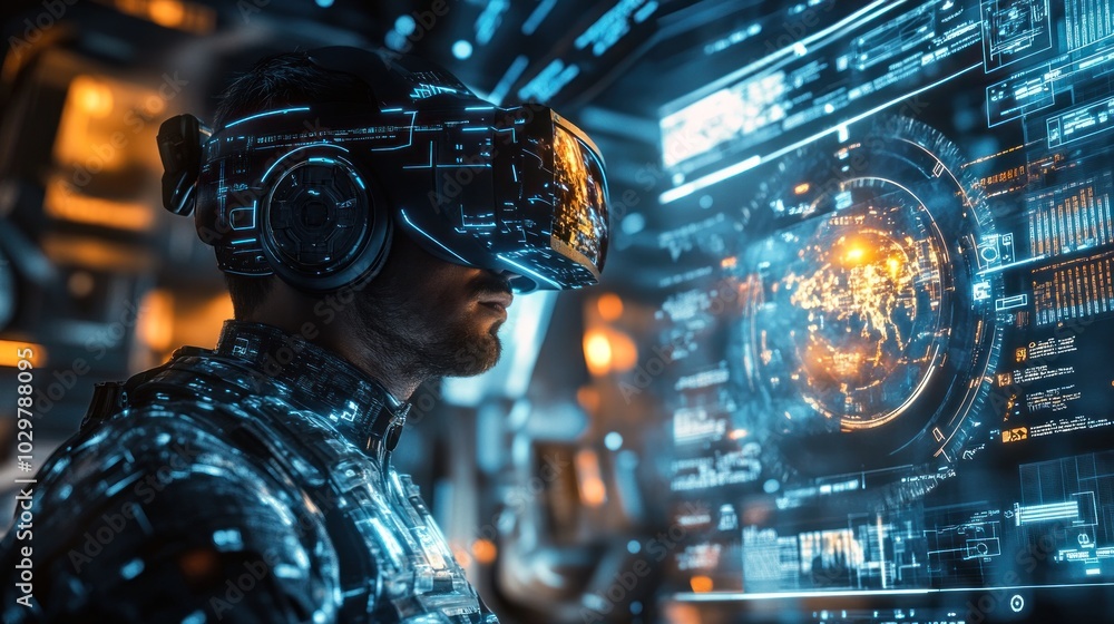 A man wearing a VR headset looks at a futuristic interface with a glowing globe in the center. A man wearing a VR headset looks at a futuristic interface with a glowing globe in the center.