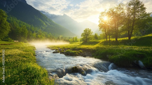 Scenic River in Lush Green Valley at Sunrise