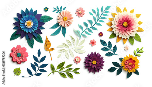 Colorful Paper Flowers and Leaves Composition