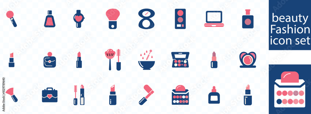 beauty Fashion icon set. Containing tailor, accessories, dress, sewing, fabric, clothes, shoes and beauty icons. Solid icons vector collection