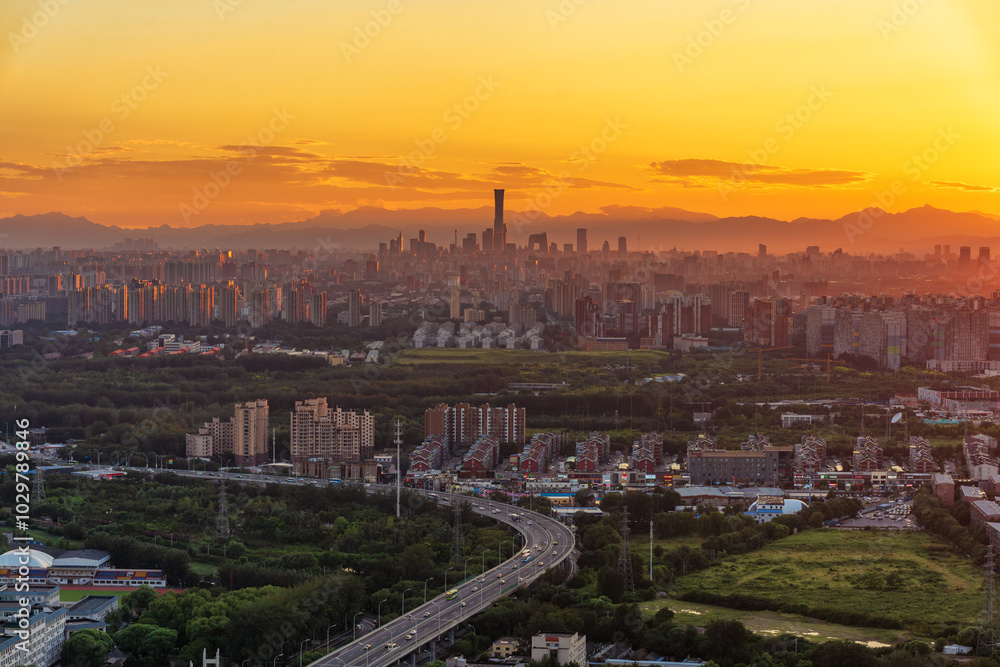 Naklejka premium Overlooking the dusk of Beijing city from Tongzhou district