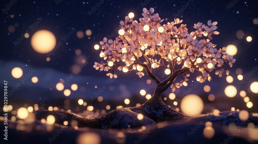 A serene night scene featuring a glowing cherry blossom tree surrounded by ethereal orbs of light. A serene night scene featuring a glowing cherry blossom tree surrounded by ethereal orbs of light.