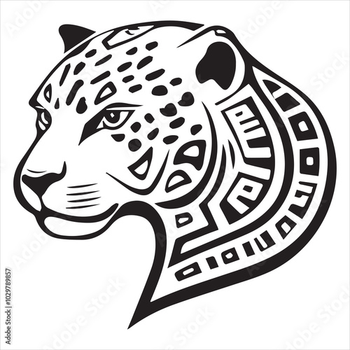 simple logo of the the lateral view of a maya draw jaguar head on a minimalist mayan aesthetic, on a white background