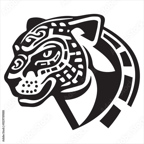 simple logo of the the lateral view of a maya draw jaguar head on a minimalist mayan aesthetic, on a white background