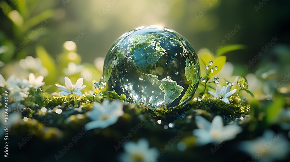 a glass ball in water with tree. a glass ball in water with tree.
