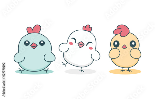 Set of Simple Happy Cute Chicken Chick Hen Animal Cartoon Character