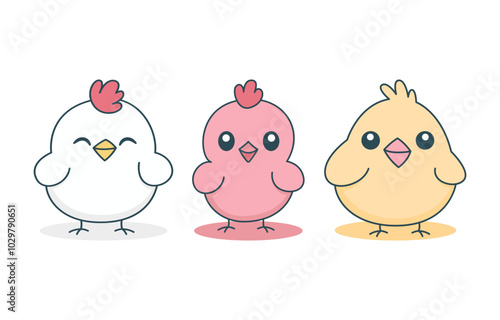 Set of Simple Happy Cute Chicken Chick Hen Animal Cartoon Character